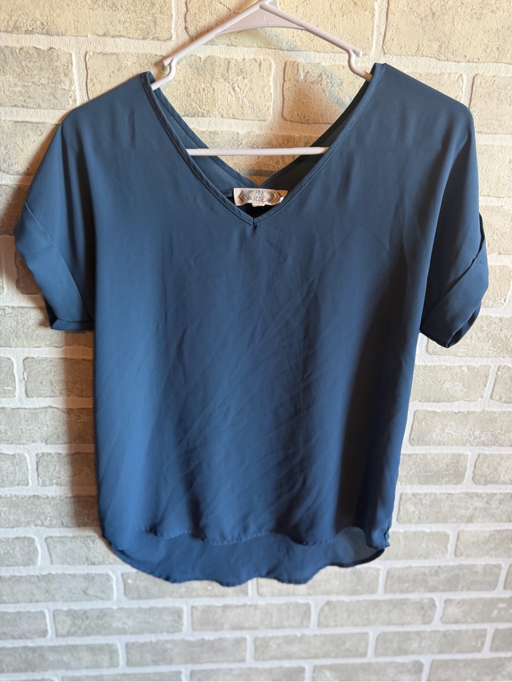 Pink Rose Slate Blue V-Neck Short Sleeve Blouse